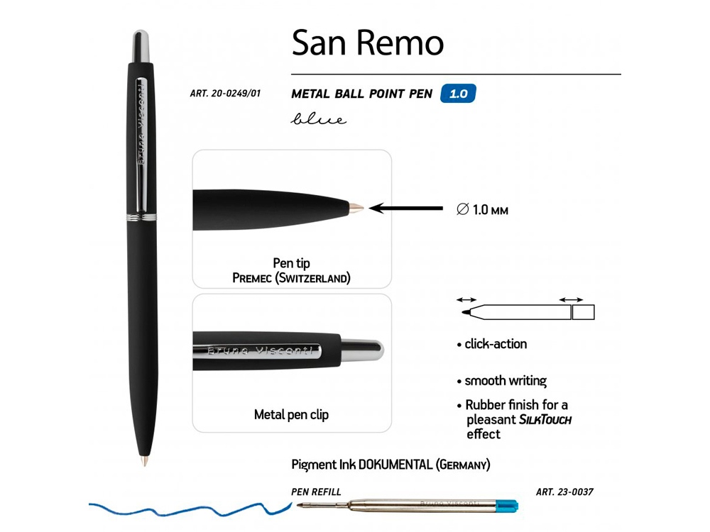 Ручка SAN REMO шариковая  автоматическая, черный металлический корпус, 1.00 мм, синяя