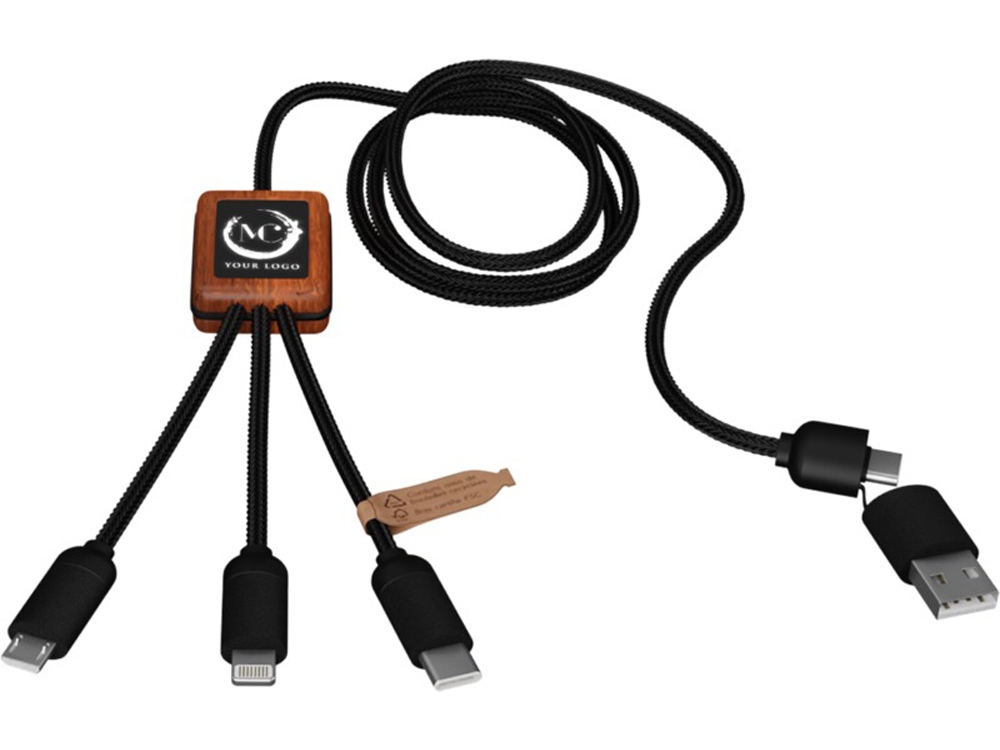 SCX.design C38 Зарядный кабель 3 в 1 из переработанного PET-пластика со светящимся логотипом и квадратным деревянным корпусом, дерево