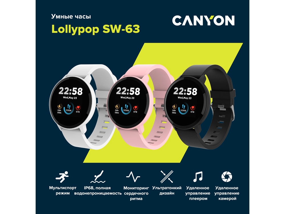 Умные часы CANYON Lollypop SW-63, IP 68, BT 5.0, сенсорный дисплей 1.3, розовый