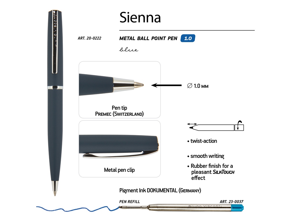 Ручка Sienna шариковая  автоматическая, синий металлический корпус, 1.0 мм, синяя