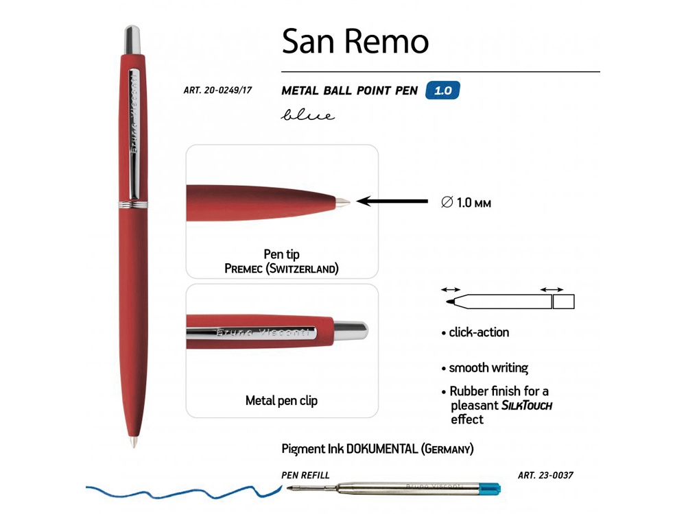 Ручка SAN REMO шариковая, автоматическая, красный  металлический корпус 1.00 мм, синяя