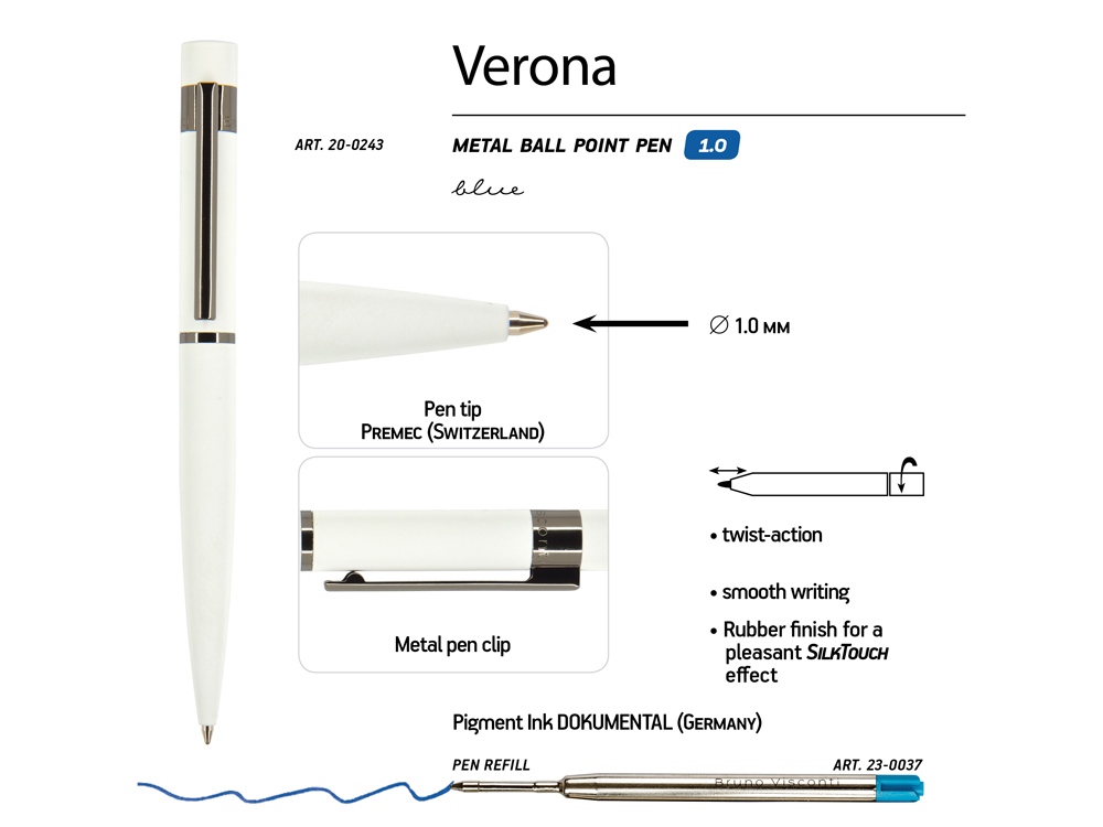 Ручка Verona шариковая автоматическая, белый металлический корпус, 1.0 мм, синяя