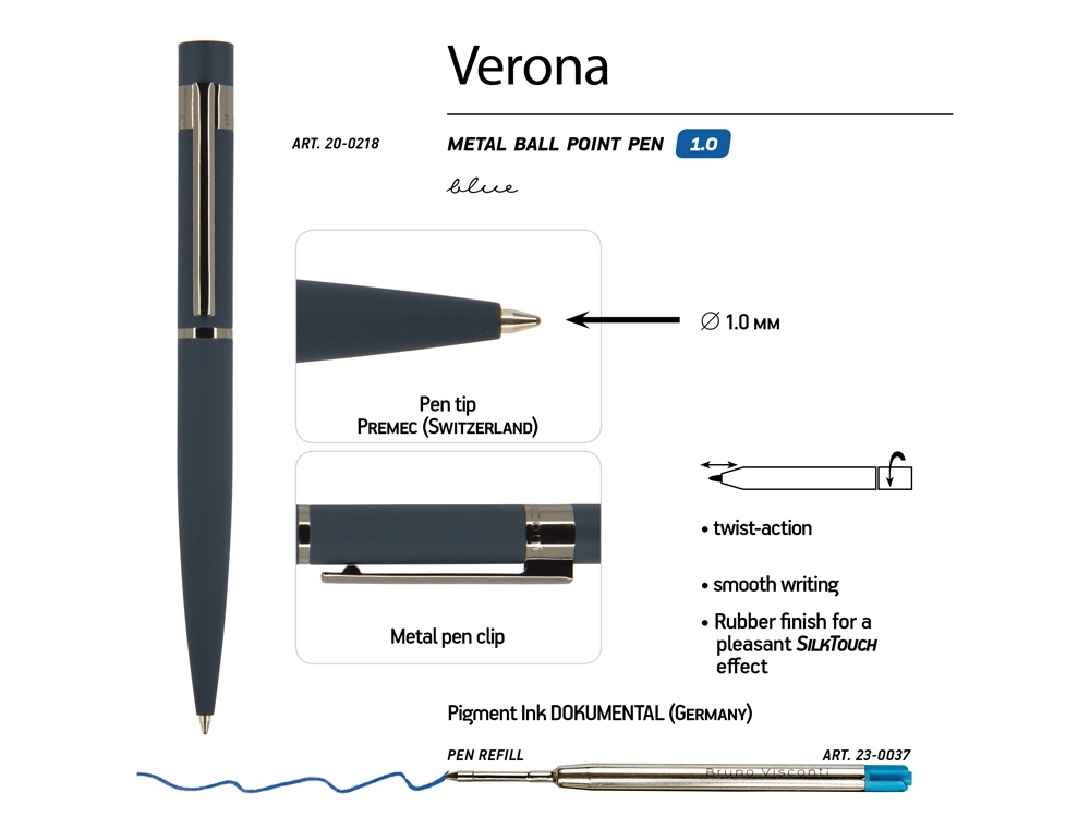 Ручка Verona шариковая автоматическая, синий металлический корпус 1.0 мм, синяя