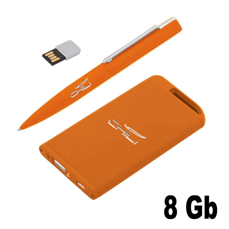 Набор ручка "Callisto" c флеш-картой 8Гб + зарядное устройство "Theta" 4000 mAh в футляре, оранжевый