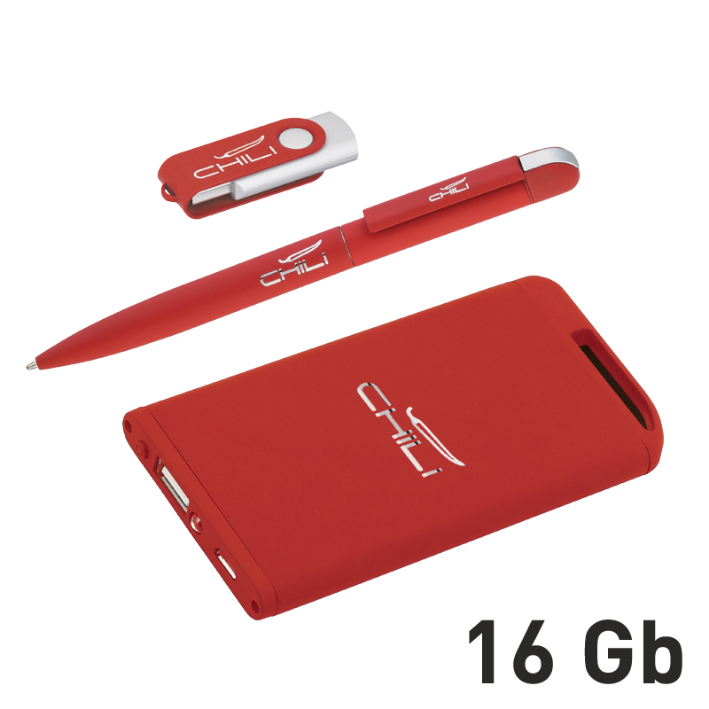 Набор ручка + флеш-карта 16Гб + зарядное устройство 4000 mAh в футляре, красный, покрытие soft touch