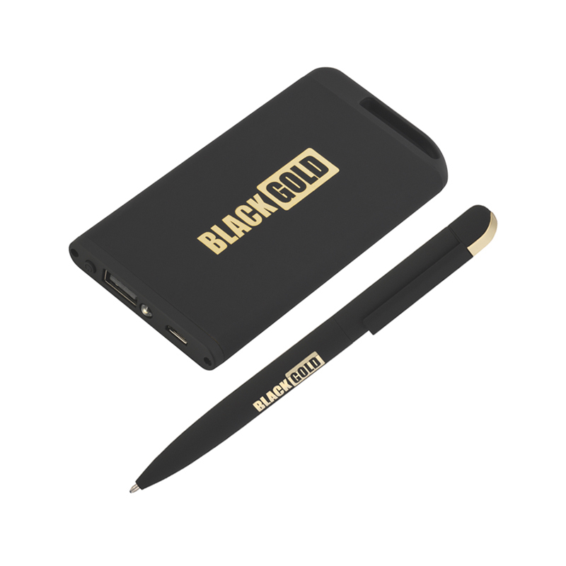 Набор ручка "Jupiter" + зарядное устройство "Theta" 4000 mAh в футляре, черный/золото, soft touch