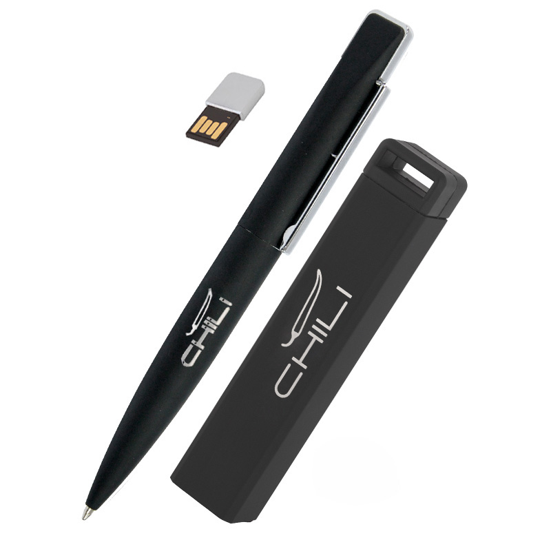 Набор ручка c флеш-картой 8Гб + зарядное устройство 2800 mAh в футляре, черный, покрытие soft touch