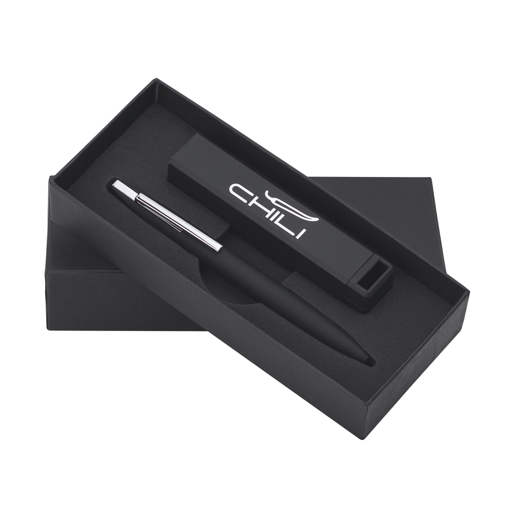 Набор ручка + зарядное устройство 2800 mAh в футляре, черный, покрытие soft touch