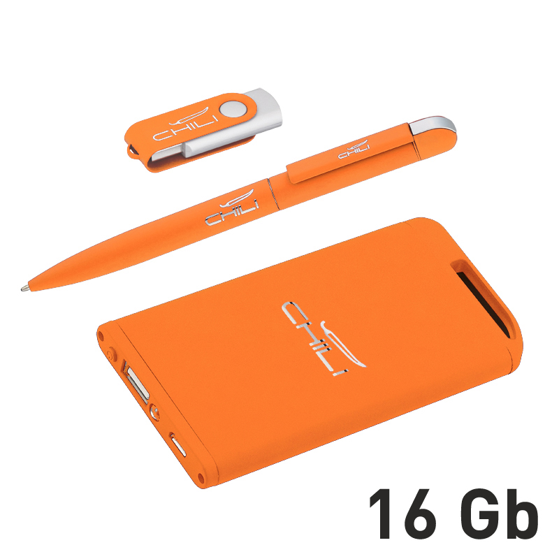 Набор ручка + флеш-карта 16Гб + зарядное устройство 4000 mAh в футляре, оранжевый, soft touch