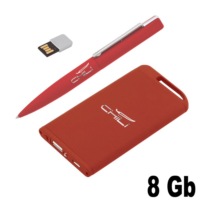 Набор ручка c флеш-картой 8Гб + зарядное устройство 4000 mAh в футляре, красный, покрытие soft touch