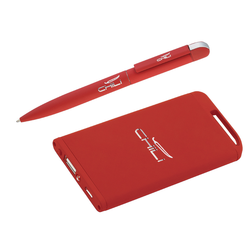 Набор ручка "Jupiter" + зарядное устройство "Theta" 4000 mAh в футляре, красный, покрытие soft touch