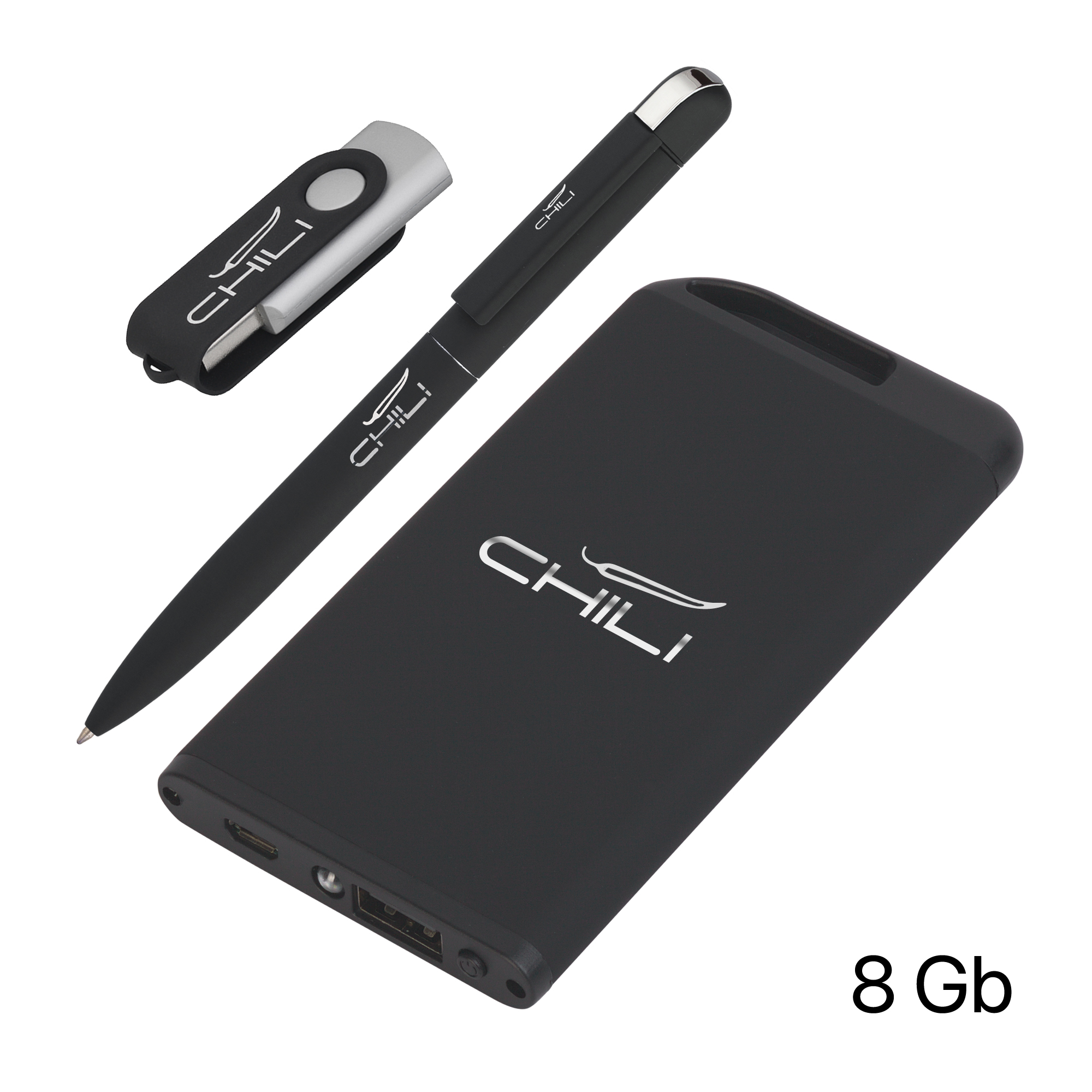 Набор ручка + флеш-карта 8Гб + зарядное устройство 4000 mAh в футляре, soft touch