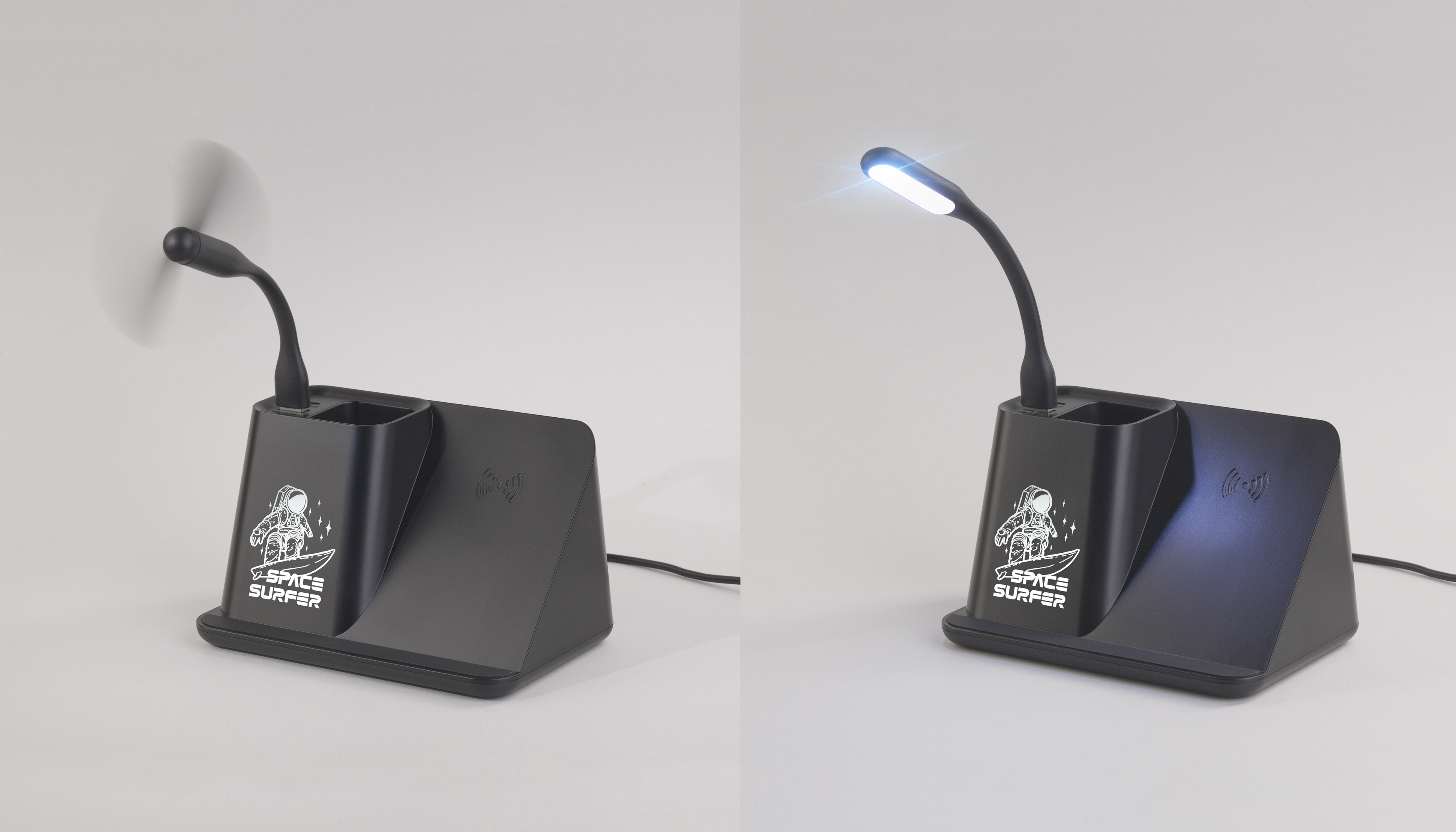Карандашница "Black Star" с беспроводным (10W) зарядным устройством, вентилятором и лампой, с подсветкой логотипа