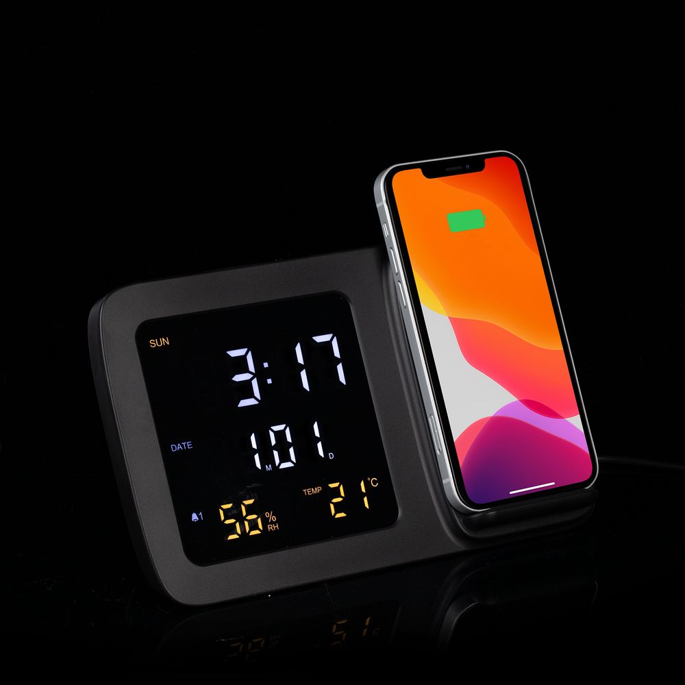 Станция беспроводной зарядки с часами и календарем и подсветкой логотипа Novem, черная