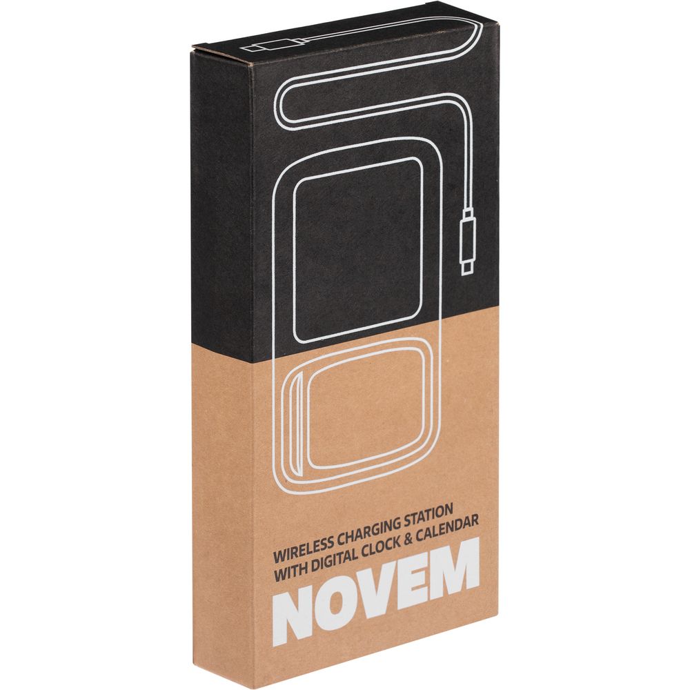 Станция беспроводной зарядки с часами и календарем и подсветкой логотипа Novem, черная