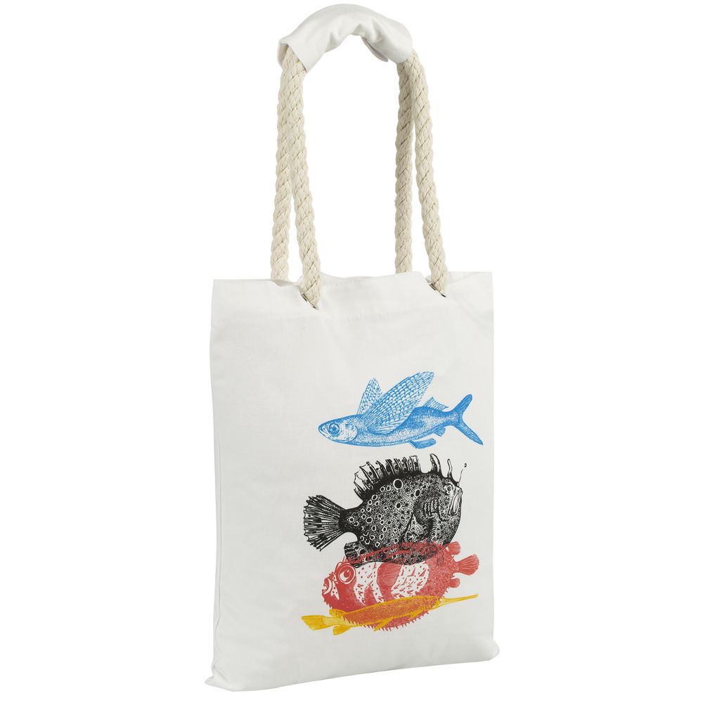 Холщовая сумка с ручками-канатами «Морские обитатели», белая
